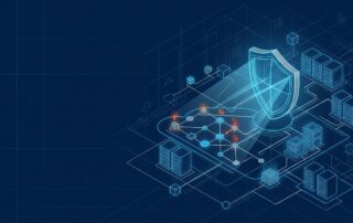 A digital blueprint or wireframe of a cloud infrastructure being analyzed by a security shield, representing pre-production testing.