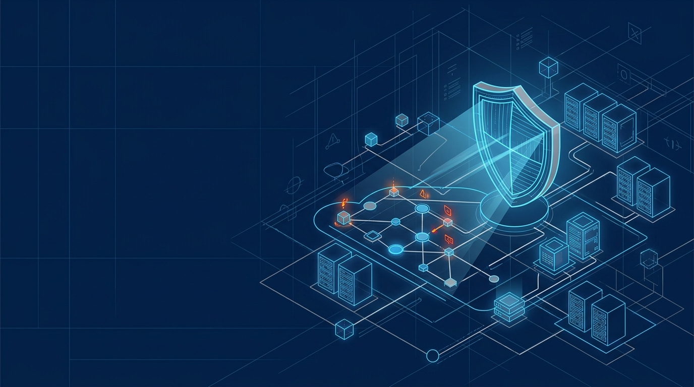 A digital blueprint or wireframe of a cloud infrastructure being analyzed by a security shield, representing pre-production testing.