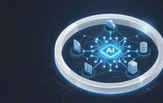 Illustration of an AI neural network core connected to enterprise systems and surrounded by a protective security shield