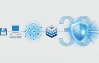Illustration of a cybersecurity timeline from retro floppy disks and PCs to a modern shield defending against AI-driven attacks, marking 30 years of HALOCK Security Labs.